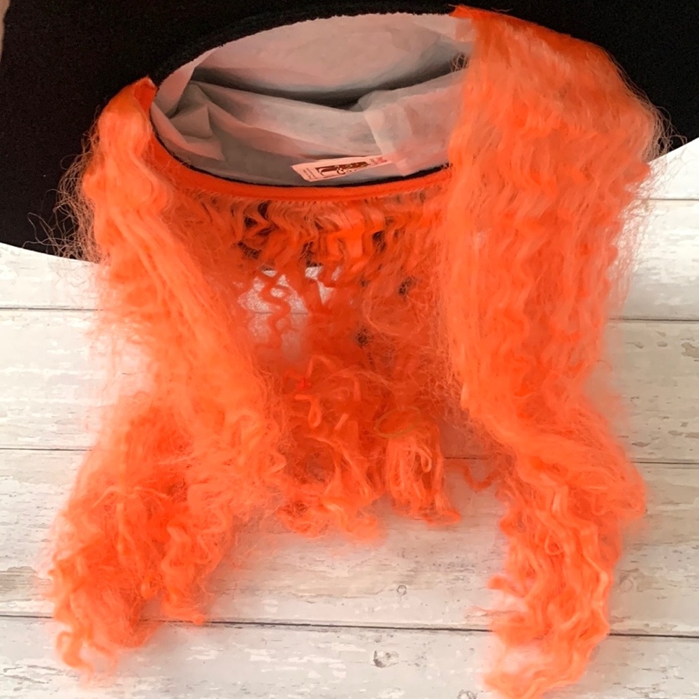 Black Velvet Witch Hat Costume Orange Curly Hair Wig Attached Chevron Print NEW - Picture 4 of 4